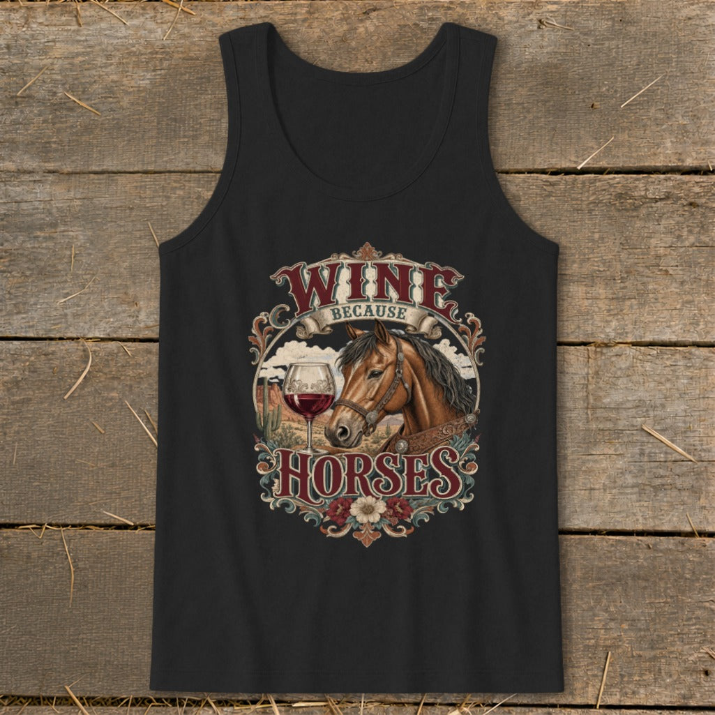 Black tank top with "Wine Because Horses" graphic featuring a horse head and wine glass.