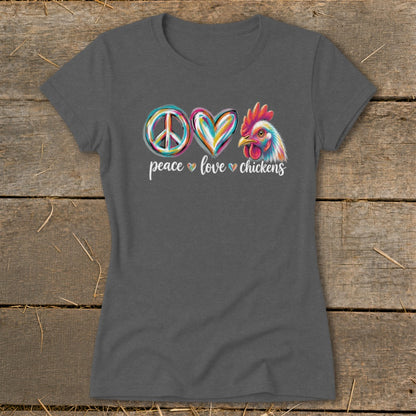 Gray t-shirt with peace, heart, and colorful chicken graphic and text.