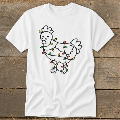 White t-shirt with a line drawing of a chicken wrapped in colorful Christmas lights.