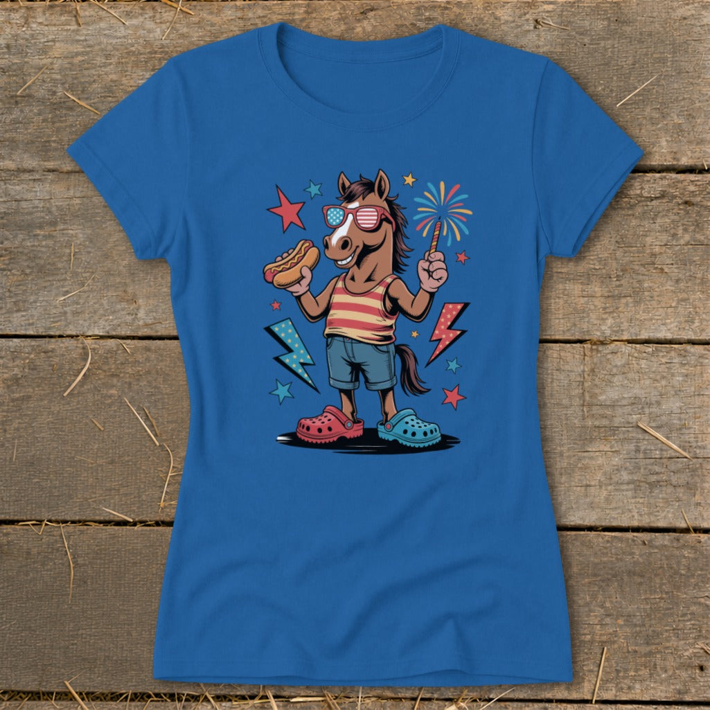 Horse wearing sunglasses and holding hot dog and sparkler, with fireworks and stars.