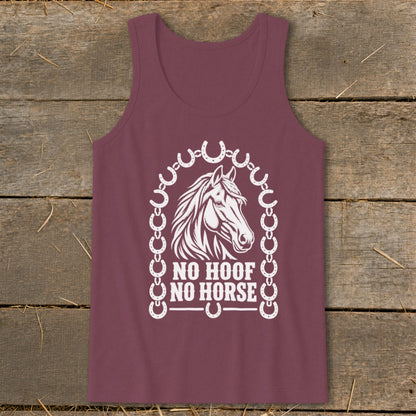 Maroon tank top featuring a white horse head graphic surrounded by horseshoes and the text No Hoof No Horse.