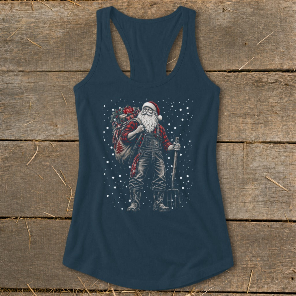 Santa Claus with a pitchfork and a sack of gifts on his back.