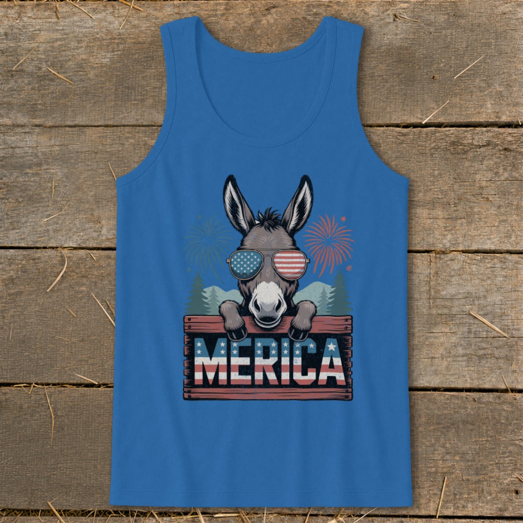 Donkey wearing American flag sunglasses holds onto wooden sign with MERICA text.