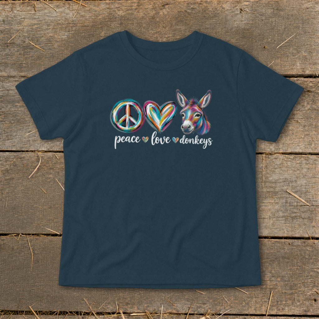 Navy t-shirt with peace sign, colorful heart, and donkey graphic and text.