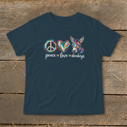Navy t-shirt with peace sign, colorful heart, and donkey graphic and text.