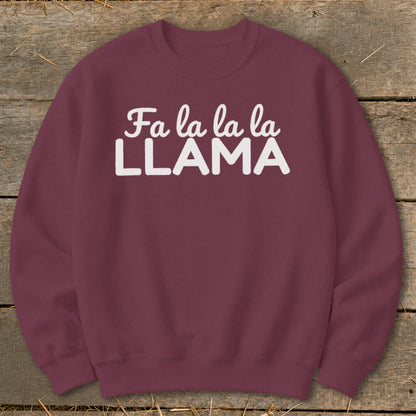 Burgundy sweatshirt with white text "Fa la la la la LLAMA".