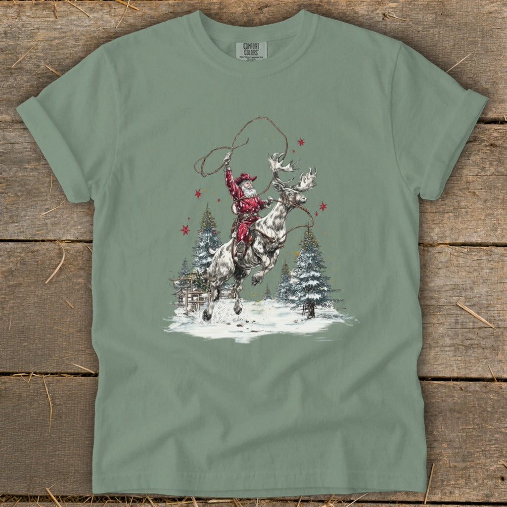 Santa Claus rides a reindeer in a snowy landscape with Christmas trees and red stars.