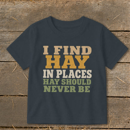 Dark blue t-shirt with text "I FIND HAY IN PLACES HAY SHOULD NEVER BE".