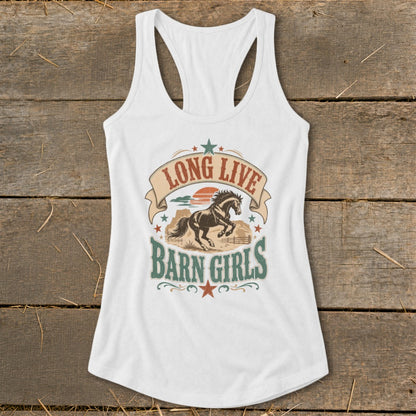 White tank top with "Long Live Barn Girls" text and running horse graphic.