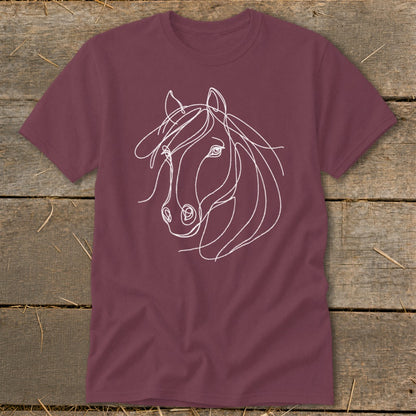 Maroon t-shirt with white minimalist horse head line art design.