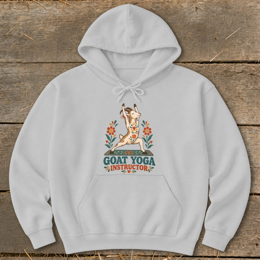 Light grey hoodie with "Goat Yoga Instructor" text and a goat doing yoga pose.
