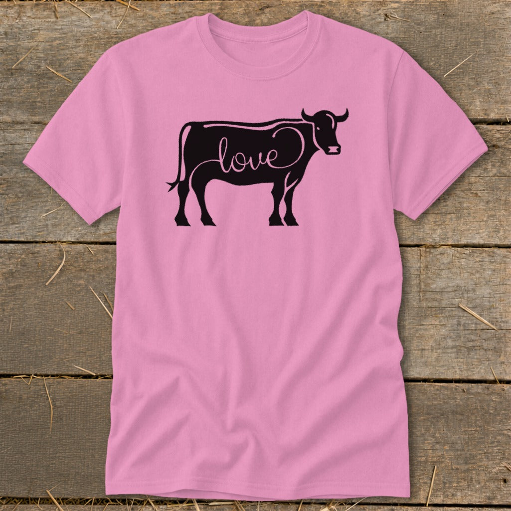 Pink t-shirt with black cow outline and "love" text.