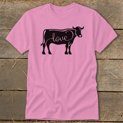 Pink t-shirt with black cow outline and "love" text.
