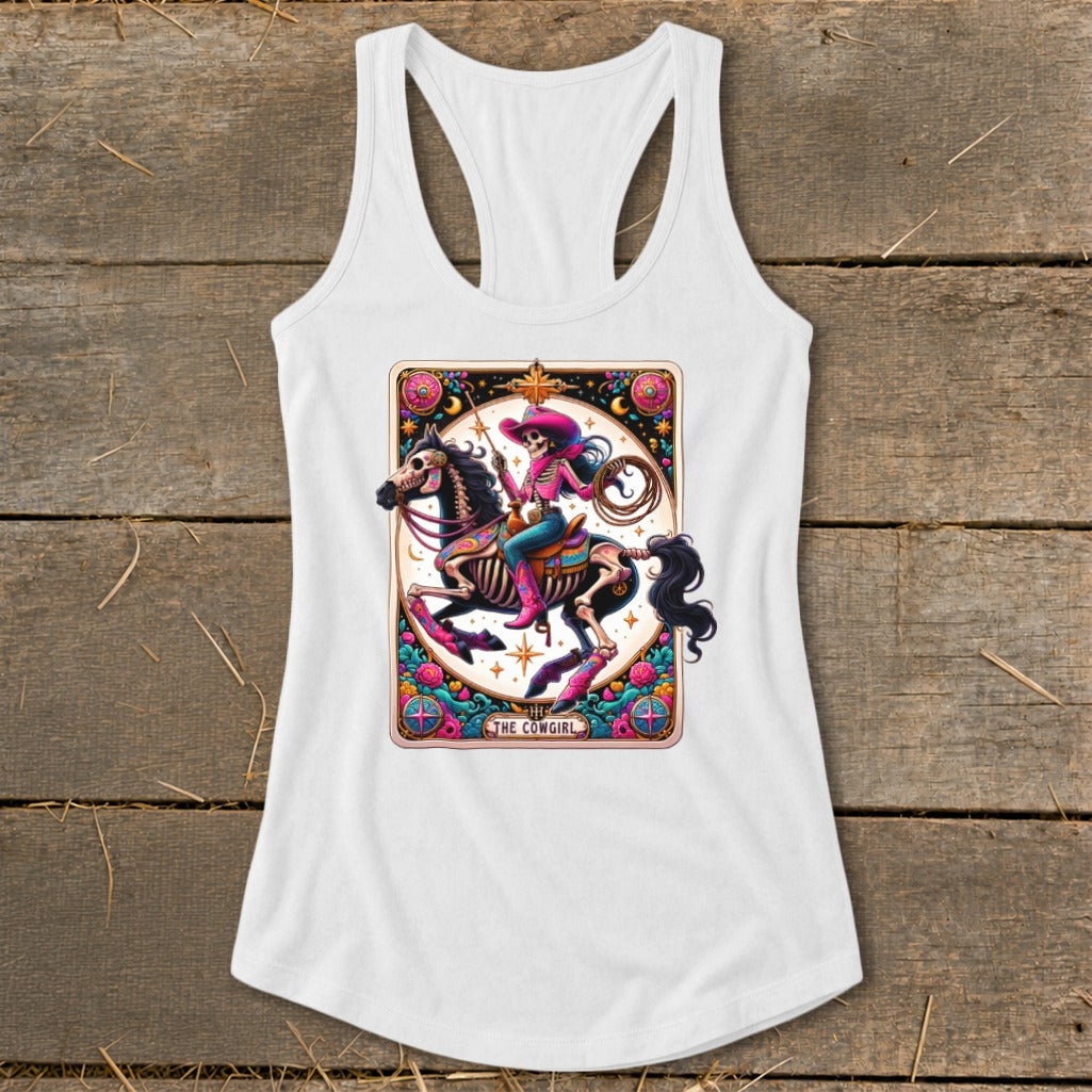 White tank top with a colorful graphic of a skeleton cowgirl riding a horse, labeled "The Cowgirl".