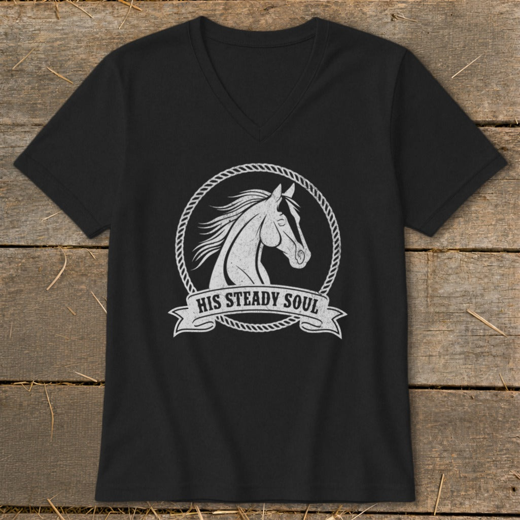 Black t-shirt with white horse head graphic and "His Steady Soul" text.