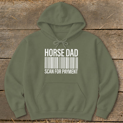 Olive green hoodie with "HORSE DAD SCAN FOR PAYMENT" and a barcode.