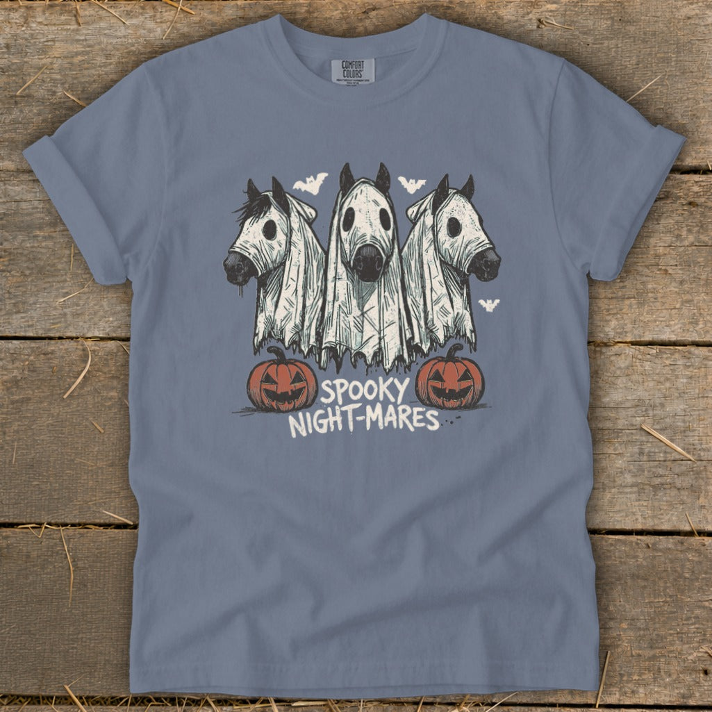 Three horses wearing ghost costumes with pumpkins and bats, text reads "Spooky Night-Mares".