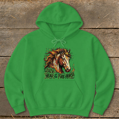 Green hoodie with a graphic of a fire horse and "2026 Year of the Fire Horse" text.