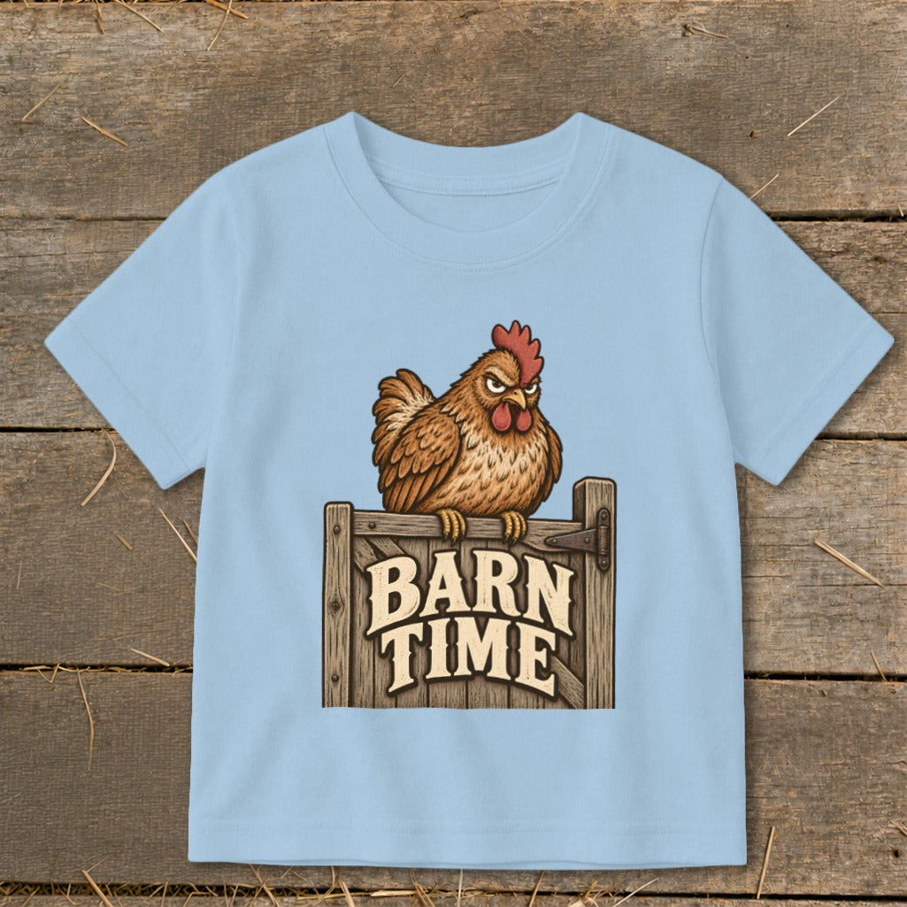 Light blue t-shirt with a cartoon chicken on a "Barn Time" sign.