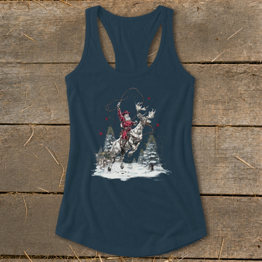 Santa riding a moose with a lasso, surrounded by snowy trees and red accents.