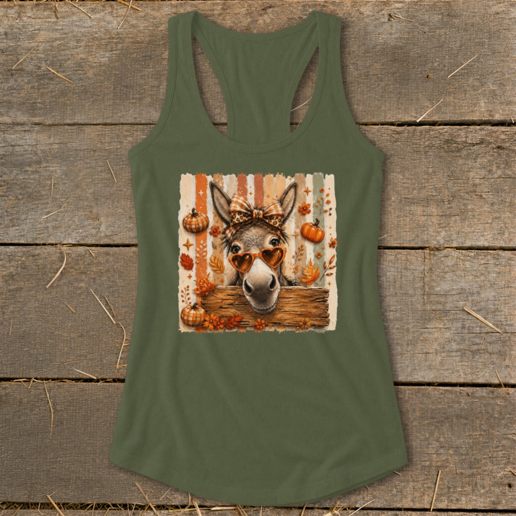 Donkey with heart sunglasses and bow peeking over wooden fence on striped background.