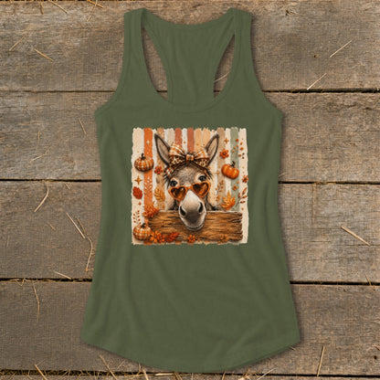 Donkey with heart sunglasses and bow peeking over wooden fence on striped background.