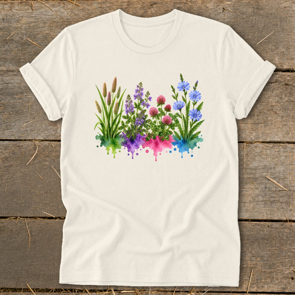 Off-white t-shirt featuring a colorful botanical watercolor print of wildflowers over green, purple, pink, and blue splatters.
