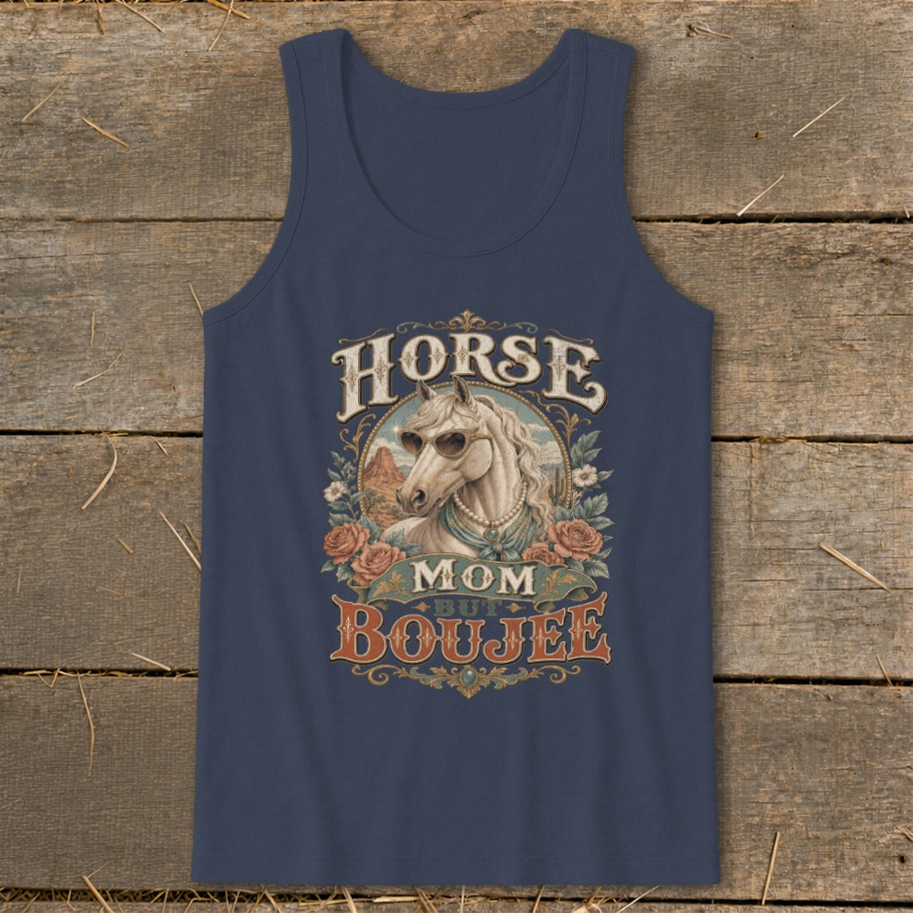 Dark blue tank top with "Horse Mom But Boujee" graphic and horse wearing sunglasses.