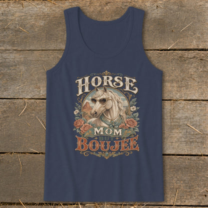 Dark blue tank top with "Horse Mom But Boujee" graphic and horse wearing sunglasses.