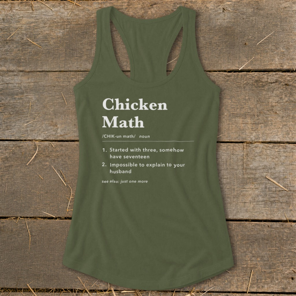 Olive green tank top with "Chicken Math" definition printed in white text.