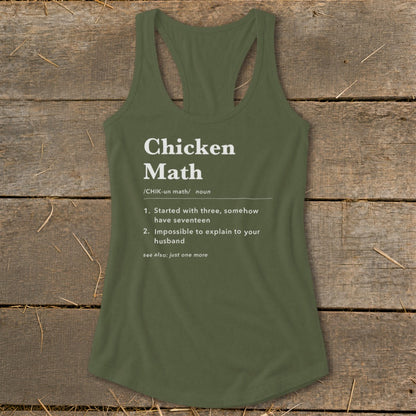 Olive green tank top with "Chicken Math" definition printed in white text.