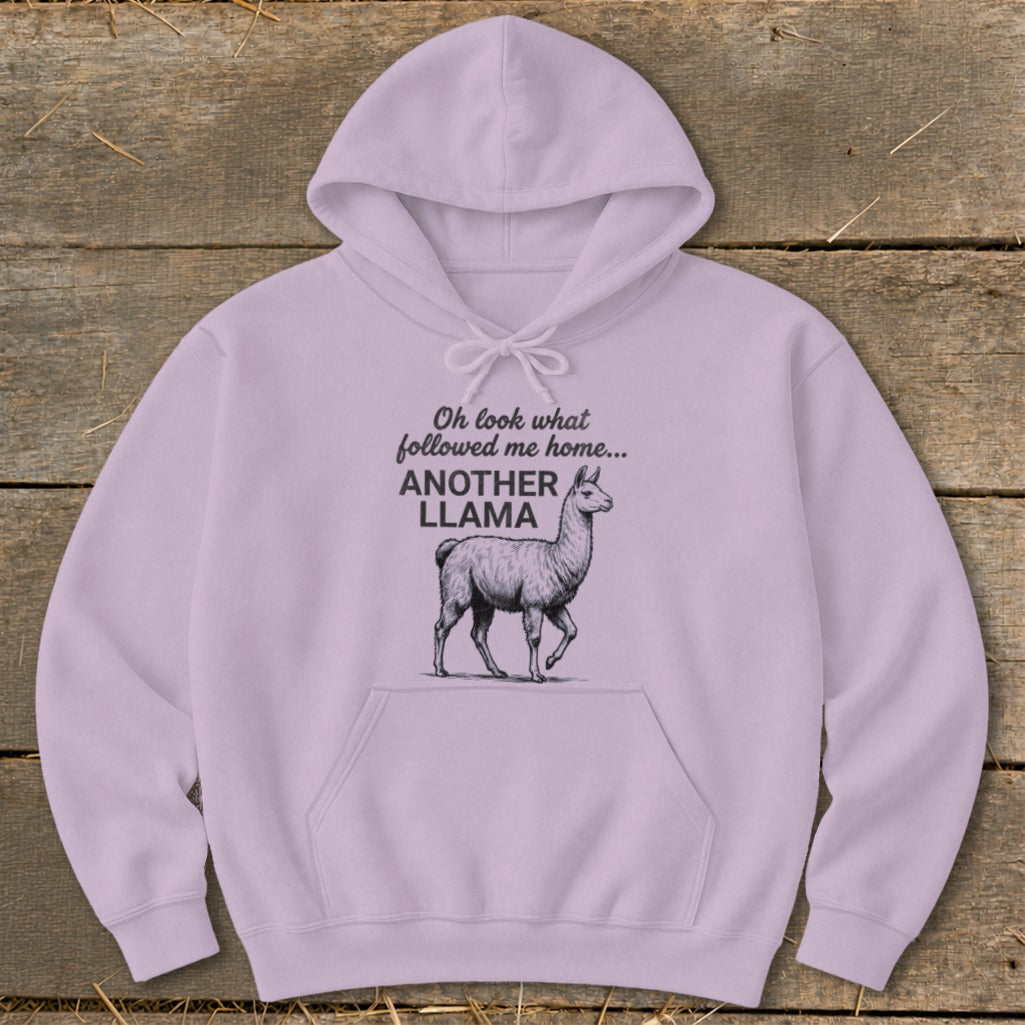 Lavender hoodie with text "Another Llama" and sketch of a llama.