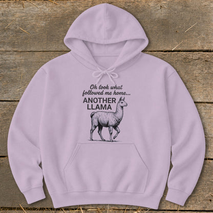 Lavender hoodie with text "Another Llama" and sketch of a llama.