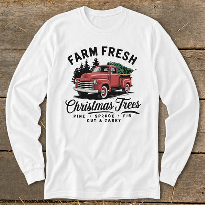 Red vintage truck with Christmas trees, "Farm Fresh Christmas Trees" text.