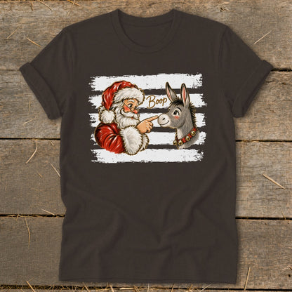 Santa booping a donkey with "Boop" text on a striped background.