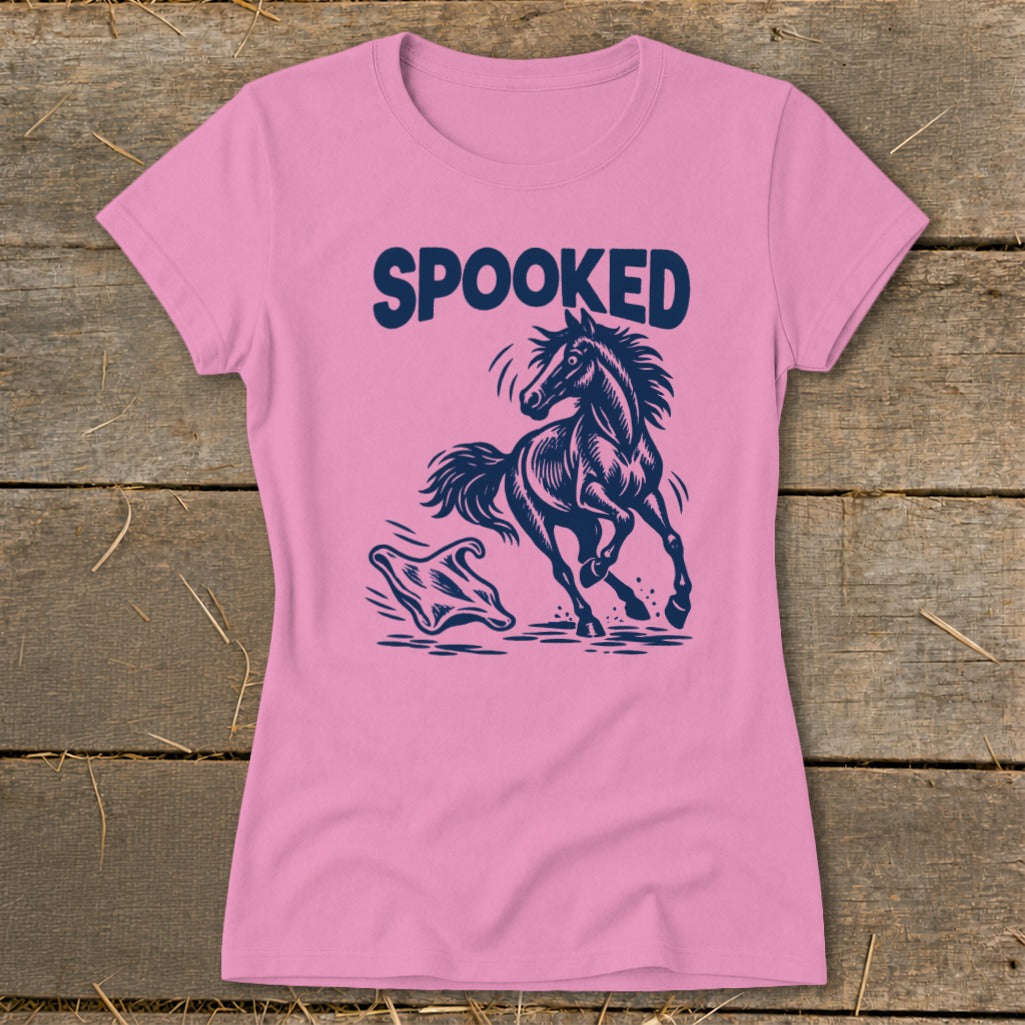 Pink t-shirt with navy blue graphic of a spooked horse and ghost.