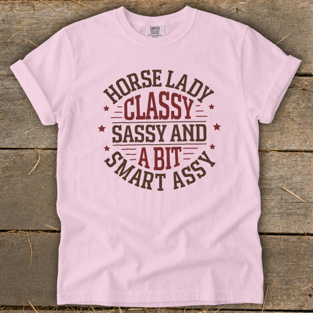 Pink t-shirt with "Horse Lady Classy Sassy and a Bit Smart Assy" graphic.