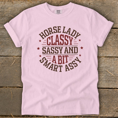 Pink t-shirt with "Horse Lady Classy Sassy and a Bit Smart Assy" graphic.