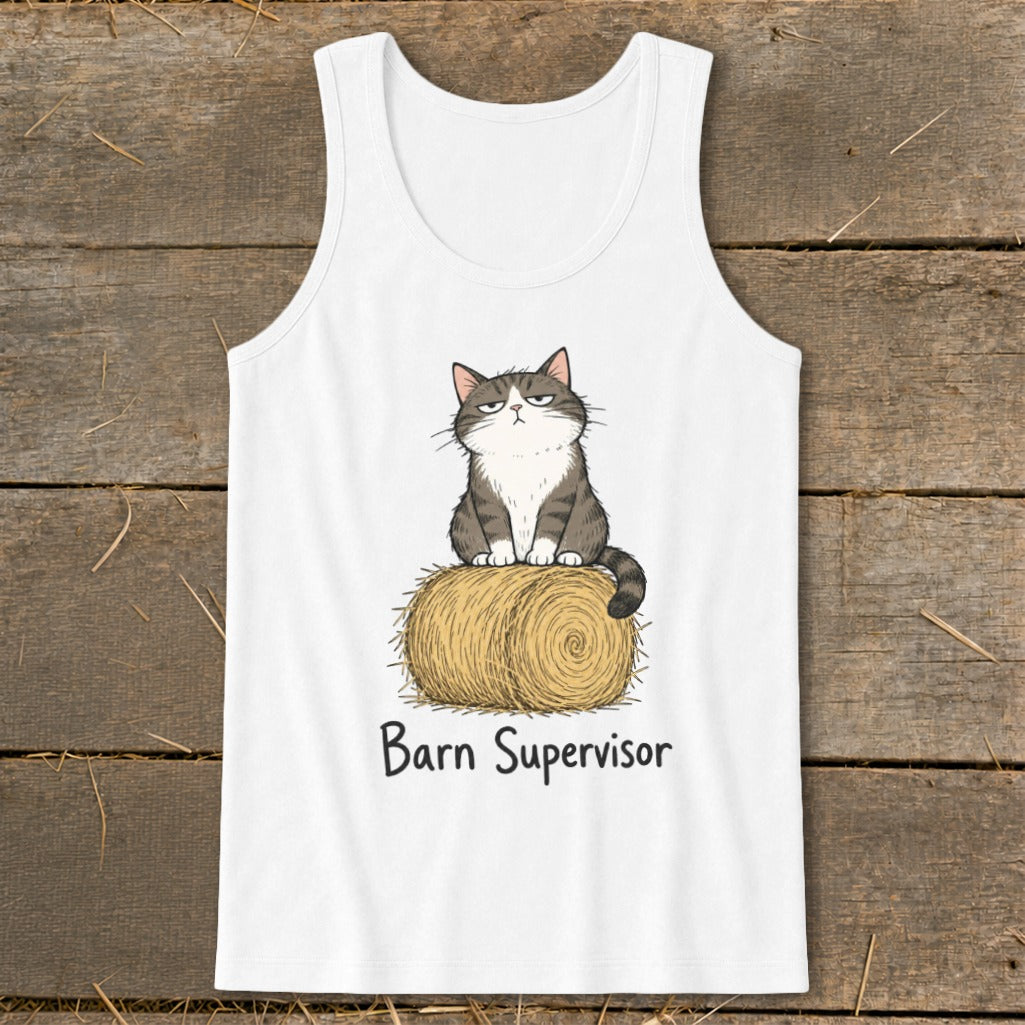 White tank top with grumpy cat sitting on a hay bale, text "Barn Supervisor".