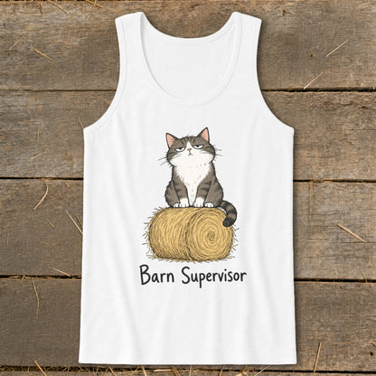 White tank top with grumpy cat sitting on a hay bale, text "Barn Supervisor".