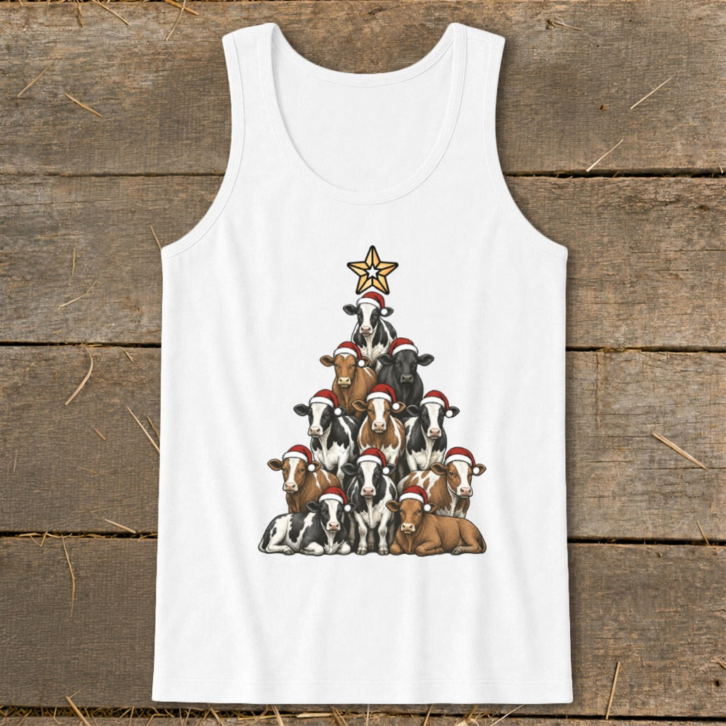 White tank top with a Christmas tree made of cows wearing Santa hats and a star.