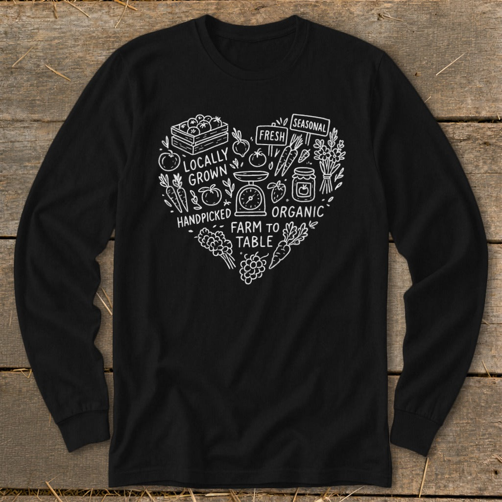 Black long sleeve shirt with a white heart graphic of farm fresh produce and text.