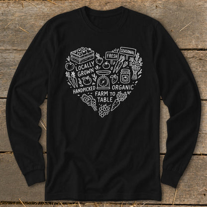 Black long sleeve shirt with a white heart graphic of farm fresh produce and text.