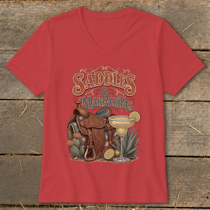 Red v-neck t-shirt with "Saddles & Margaritas" text and western graphic.