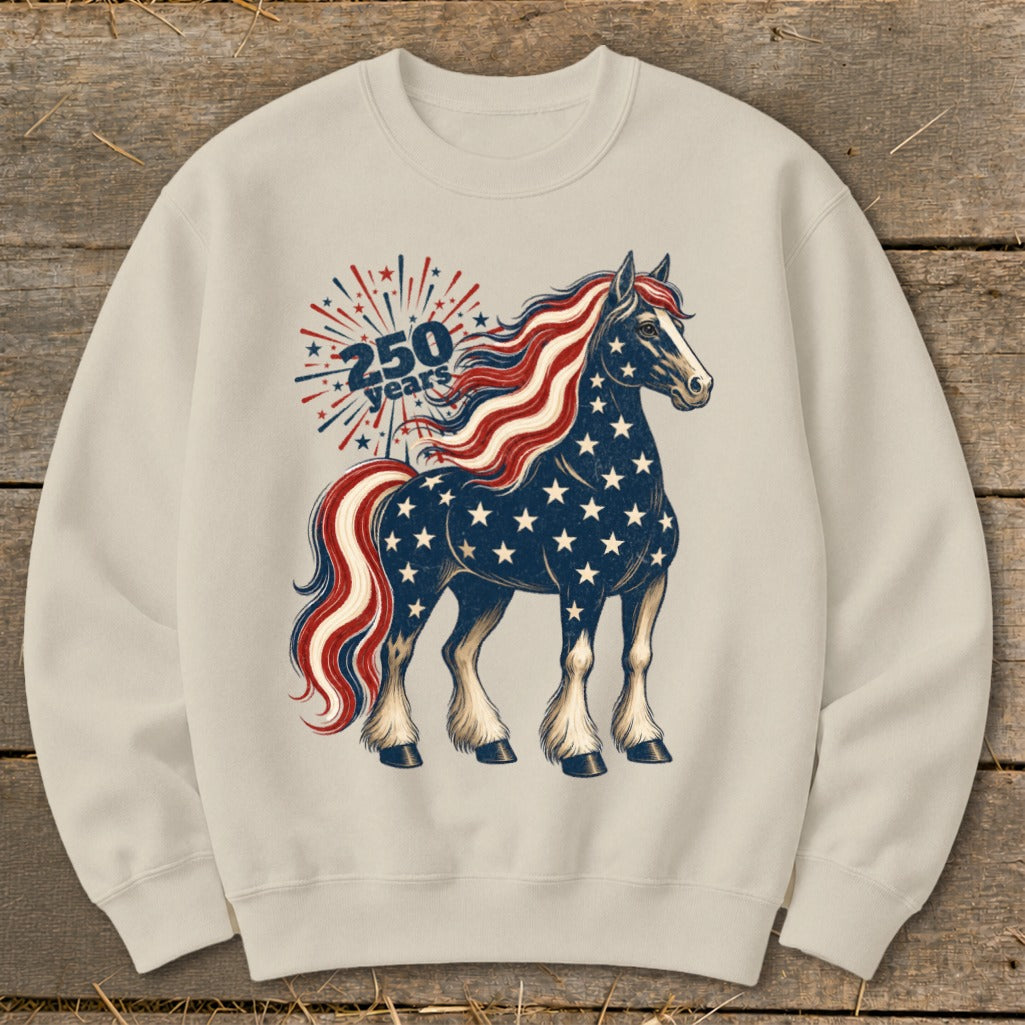 Horse with American flag mane and stars, next to "250 years" text.