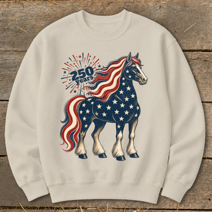 Horse with American flag mane and stars, next to "250 years" text.