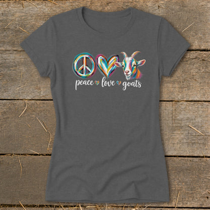 Dark grey t-shirt with peace, love, and goats design and text.