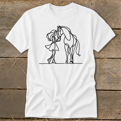White t-shirt with a minimalist black line drawing of a girl and a horse.