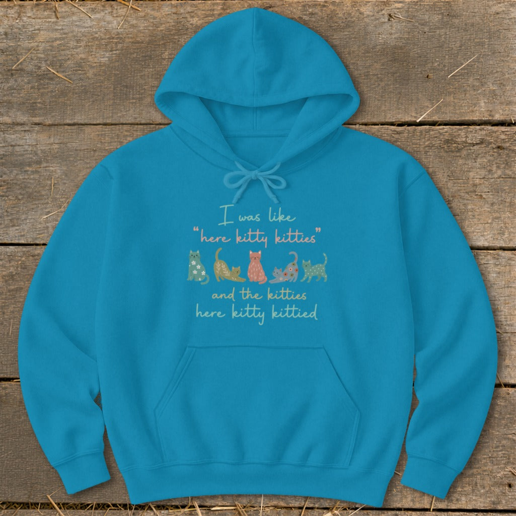 Teal hoodie with text "I was like 'here kitty kitties' and the kitties here kitty kittied" and cat graphics.