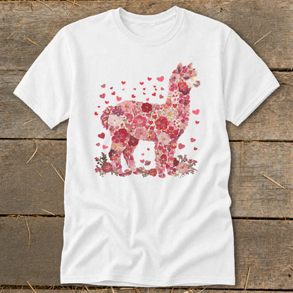 White t-shirt with a pink floral alpaca graphic and red hearts.
